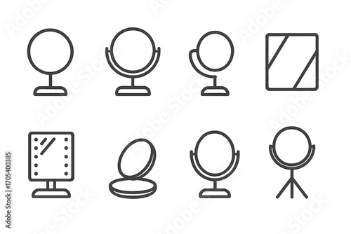 Makeup Mirror Icons. Outline icon set of makeup mirror: round mirror, adjustable stand mirror, magnifying mirror, folding mirror,