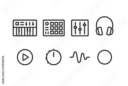 Electronic Gear Icons. Outline icon set of electronic instruments: synthesizer, drum pad, mixer, headphone, play button, tempo