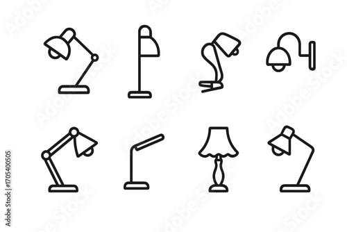Reading Lamp Icons. Outline icon set of reading lamp types: desk lamp, floor lamp, clip-on lamp, wall-mounted lamp, adjustable arm