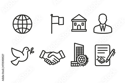 International Relations Icons. Outline icon set of arms deal international relations: globe, flag, embassy, diplomat, peace dove,