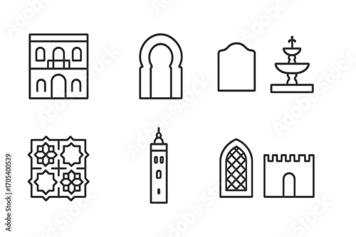 Moroccan Architecture Icons. Outline icon set of Moroccan architecture: Riads, Arched doorways, Tadelakt walls, Courtyard fountain