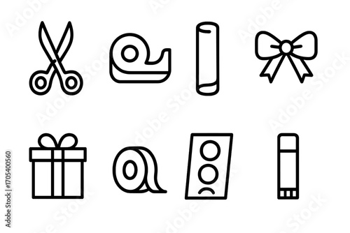 Gift Wrapping Icons. Outline icon set of surprise gift wrapping: ribbon bow, wrapped box, gift tag, decorative paper, tape