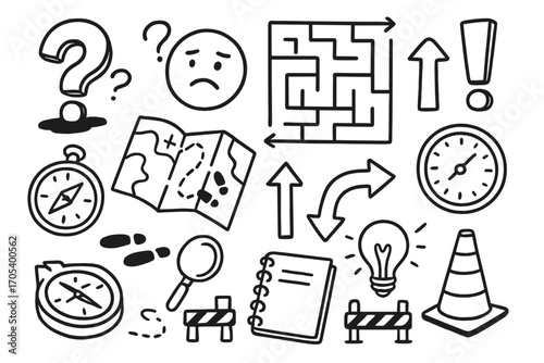Confusion Icons Collage. Hand-drawn doodle illustration lost and confused question mark, confused face, maze, shadow, broken
