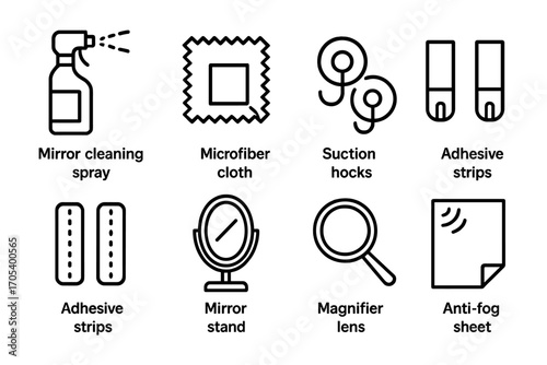Mirror Accessories Icons. Outline icon set of mirror accessories: mirror cleaning spray, microfiber cloth, suction hooks, mirror