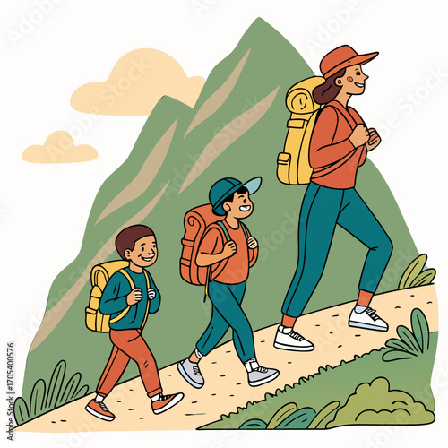 Vector art of a cheerful family of three enjoys a scenic hike up a lush green mountain trail on a bright and sunny day