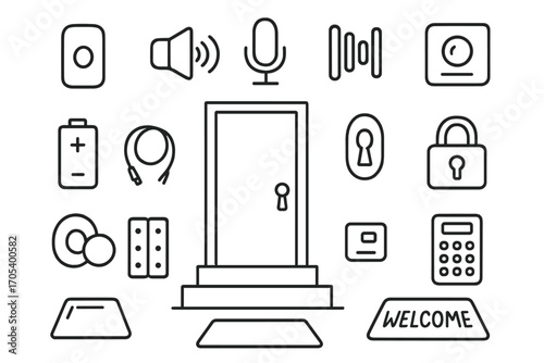 Doorbell Doodle Elements. Hand-drawn doodle illustration doorbell doorbell button, speaker, microphone, chime, battery, wire, door