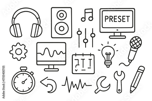 Audio Tools Doodle. Hand-drawn doodle illustration audio preset headphones, speaker, equalizer, sliders, microphone, music note,