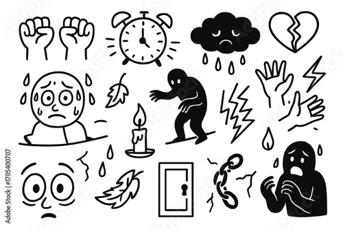 Anxiety Symbols Illustration. Hand-drawn doodle illustration anxiety clenched fists, racing clock, sweating face, tightrope,