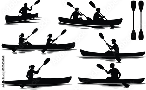 Silhouette of people kayaking and paddles on white background