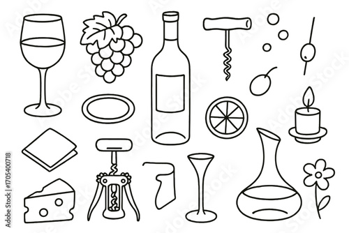 Wine-Themed Doodle Icons. Hand-drawn doodle illustration elegant wine presentation wine glass, grapes, wine bottle, corkscrew,