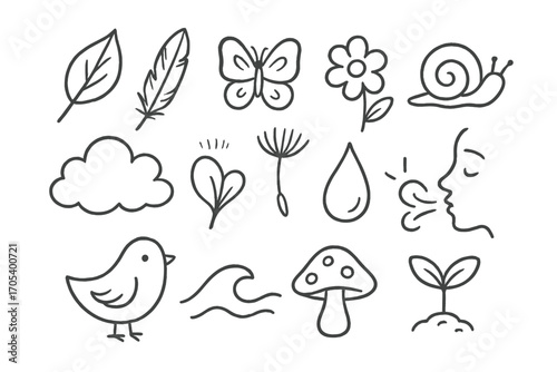 Nature Doodle Icons. Hand-drawn doodle illustration sensitive nature leaf, feather, butterfly, flower, snail, soft cloud,
