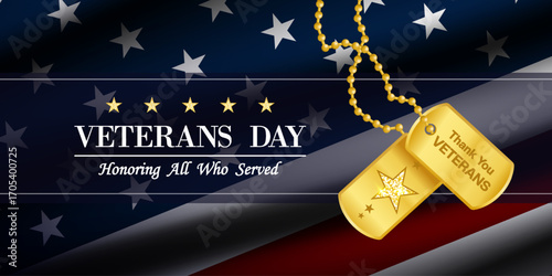Veterans Day. American flag and military tag. Suitable for posters, banners and social media. Black background.