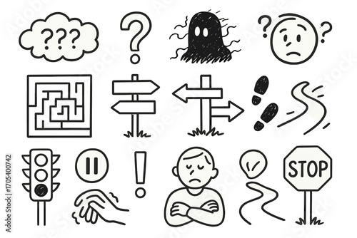 Navigating Uncertainty Icons. Hand-drawn doodle illustration uncertainty fog, question mark, shadowy figure, confused face, maze,