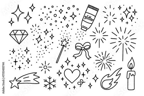 Magical Doodle Elements. Hand-drawn doodle illustration glitter sparkling stars, confetti, sparkles, diamond, magic wand, fairy