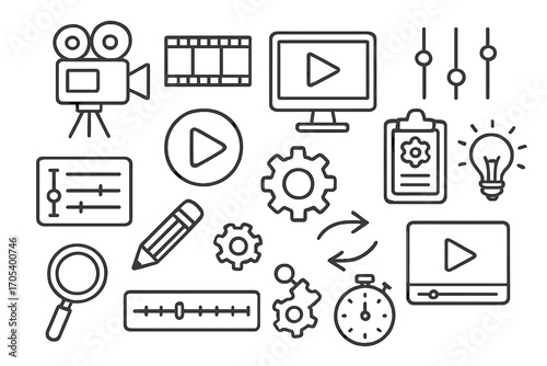 Video Editing Icons. Hand-drawn doodle illustration video preset camera, film strip, computer screen, sliders, play button,
