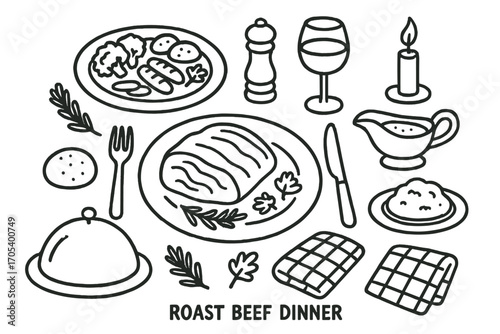 Roast Beef Dinner Doodle. Hand-drawn doodle illustration Roast beef dinner setting plate, roast beef slice, fork, knife, gravy
