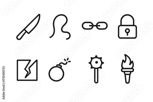 Threatening Objects Icons. Outline icon set of threatening objects: knife, whip, chains, lock, broken glass, bomb, mace, torch.