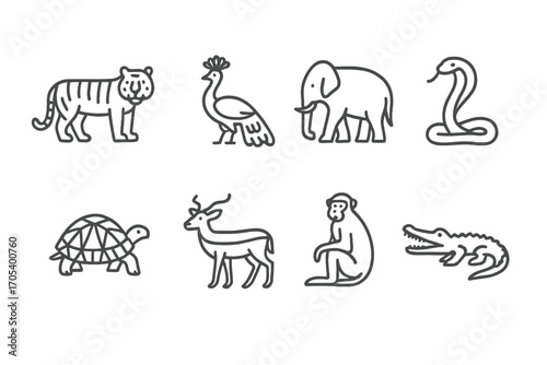 Indian Wildlife & Clothing Icons. Outline icon set of Indian wildlife: Bengal tiger, Indian peacock, elephant, cobra snake, Indian
