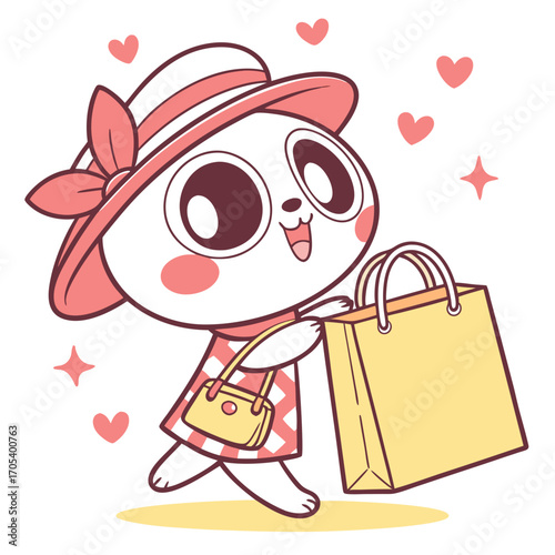 Vector art of a delightful cartoon bunny with a hat and shopping bag, radiating charm and a love for shopping