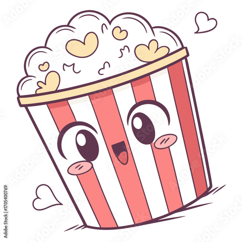 Vector art of a cute cartoon popcorn box with hearts floating around, the popcorn box has a happy expression