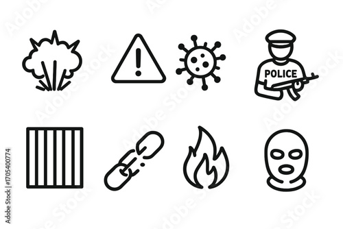 Cartel Threat Icons. Outline icon set of cartel risks and threats: explosion, warning triangle, virus, police raid, jail bars,