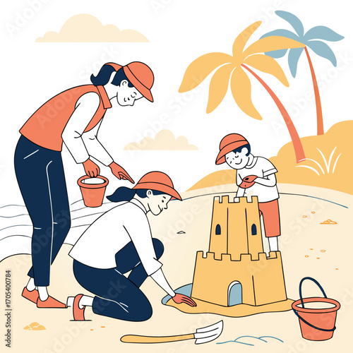 Vector art of a family building a sandcastle on the beach with palm trees and clouds in the background on a sunny day