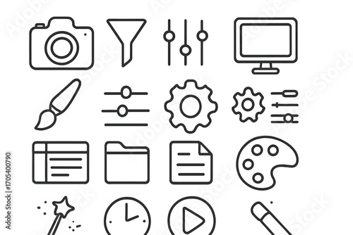 Digital Design Tools. Hand-drawn doodle illustration filter preset camera, filter icon, sliders, computer screen, brush,