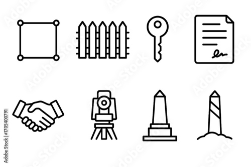 Property Ownership Icons. Outline icon set of property and ownership: land plot, fence, key, contract, handshake, surveyor tools,