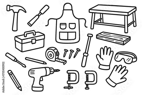 Craftsman Tools Doodle. Hand-drawn doodle illustration craftsman hammer, chisel, saw, workbench, apron, toolbox, measuring tape,