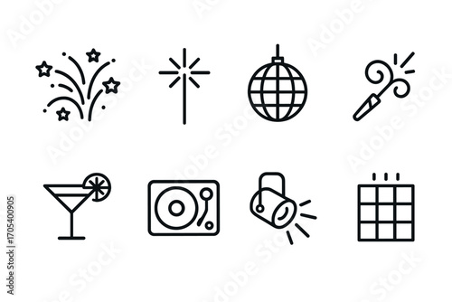 Celebration Icon Set. Outline icon set of celebration: fireworks, sparkler, disco ball, party horn, cocktail glass, DJ turntable,