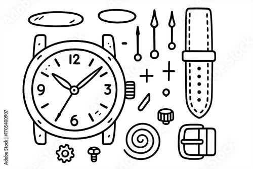 Watch Doodle Icons. Hand-drawn doodle illustration bezel watch face, watch hands, crown, dial markers, screws, metal frame, glass