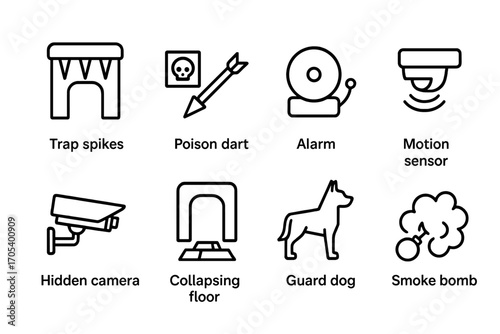 Secret Door Dangers. Outline icon set of secret door dangers: trap spikes, poison dart, alarm bell, motion sensor, hidden camera,