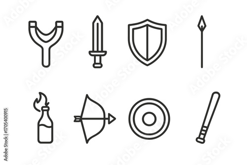 Rebellion Weapons Icons. Outline icon set of rebellion weapons: slingshot, sword, shield, spear, Molotov cocktail, bow and arrow,