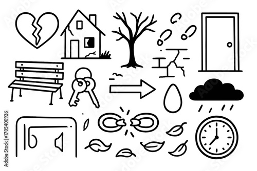 Emotional Loss Icons. Hand-drawn doodle illustration emotional loss of place broken heart, abandoned house, empty street, wilted
