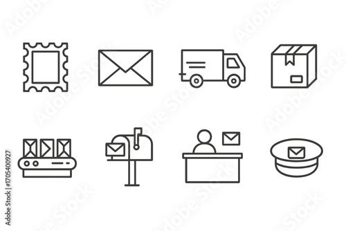 Mail Tool Icons. Outline icon set of mailing tools: postage stamp, envelope, mail truck, parcel, sorting machine, mailbox, post