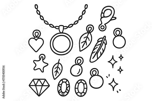 Doodle Charm Necklace. Hand-drawn doodle illustration pendant necklace pendant, chain, clasp, bail, heart charm, star charm, leaf