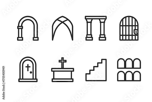 Crypt Architecture Icons. Outline icon set of crypt architecture: archway, vaulted ceiling, stone pillars, iron gate, crypt door,