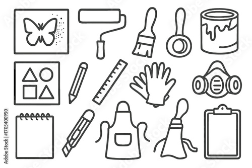 Art Supplies Icons. Hand-drawn doodle illustration stencil spray paint, stencil sheet, paint roller, brush, masking tape, cut-out
