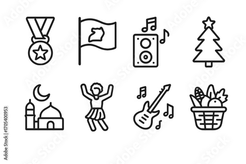 Ugandan Festival Icons. Outline icon set of Ugandan festivals: National Heroes Day, Independence Day, Nyege Nyege Festival,
