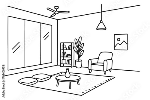 Minimalist Interior Doodles. Hand-drawn doodle illustration Minimalist interior with spacious feel open floor plan, large windows,