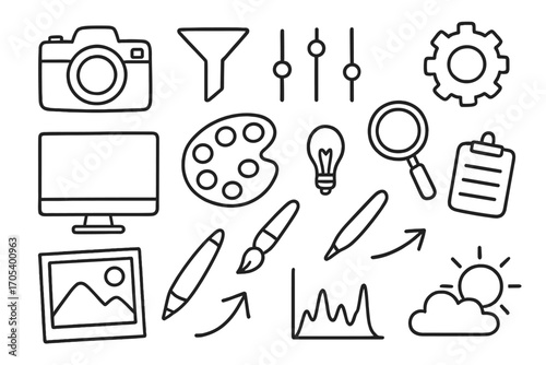 Creative Tools Icons. Hand-drawn doodle illustration filter preset camera, sliders, settings icon, computer screen, color palette,