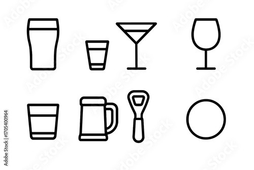 Pub Drinksware Icons. Outline icon set of pub drinksware: pint glass, shot glass, cocktail glass, wine glass, tumbler, stein,