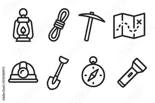 Catacomb Tools Icons. Outline icon set of catacomb exploration tools: lantern, rope, pickaxe, map, helmet, shovel, compass,