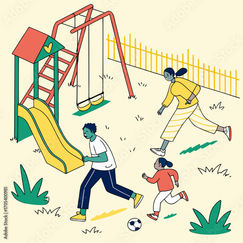 Vector art of a family playing soccer in the playground with a slide, swing, fence and grass on a sunny day