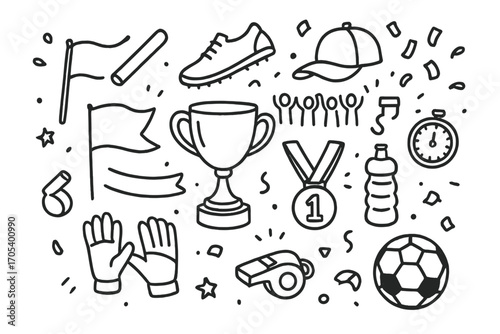 Sports Celebration Doodles. Hand-drawn doodle illustration Sports parade trophy, medal, flag, baton, running shoe, whistle, banner