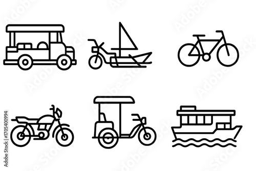 Southeast Asian Icon Sets. Outline icon set of Indonesian daily life: market stall, woven basket, cooking fire, traditional house,