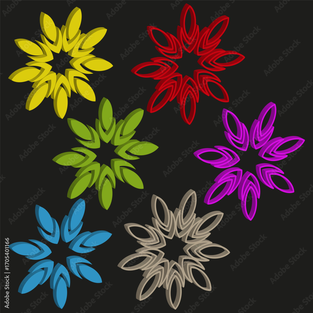 Obraz premium Abstract flower symbols. Geometric blossom emblems. Colorful vector illustration. Stylized floral ornament. EPS 10.