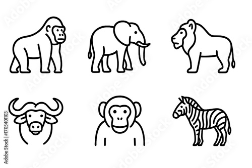 Ugandan Wildlife Icons. Outline icon set of Ugandan wildlife: Mountain gorilla, African elephant, Lion, Hippo, Buffalo, Chimpanzee