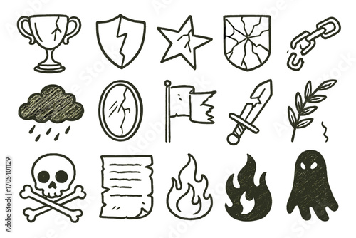 Infamous Legacy Symbols. Hand-drawn doodle illustration infamous legacy broken trophy, cracked shield, fallen star, shattered