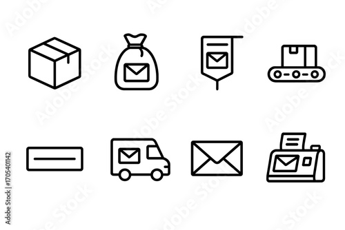 Postal Logistics Icons. Outline icon set of postal logistics: parcel box, mailbag, post office sign, sorting conveyor, mailbox
